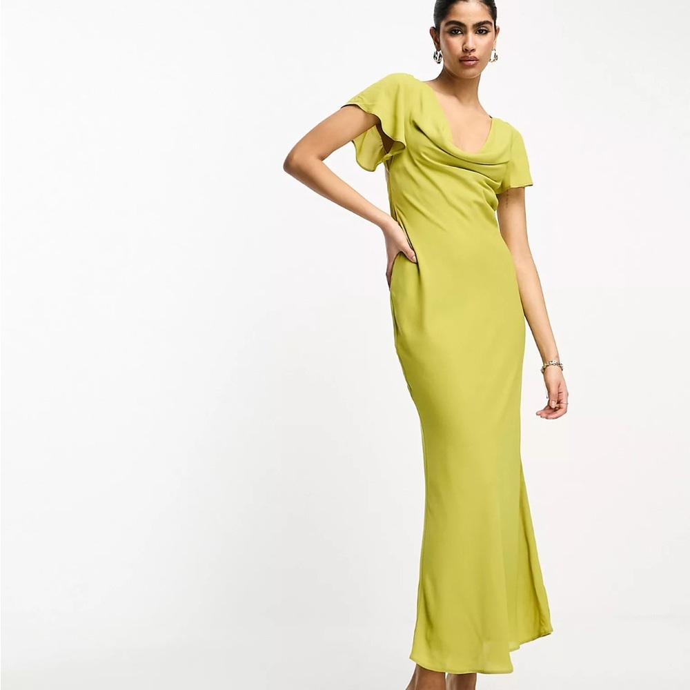 ASOS DESIGN flutter sleeve cowl neck midi dress in olive